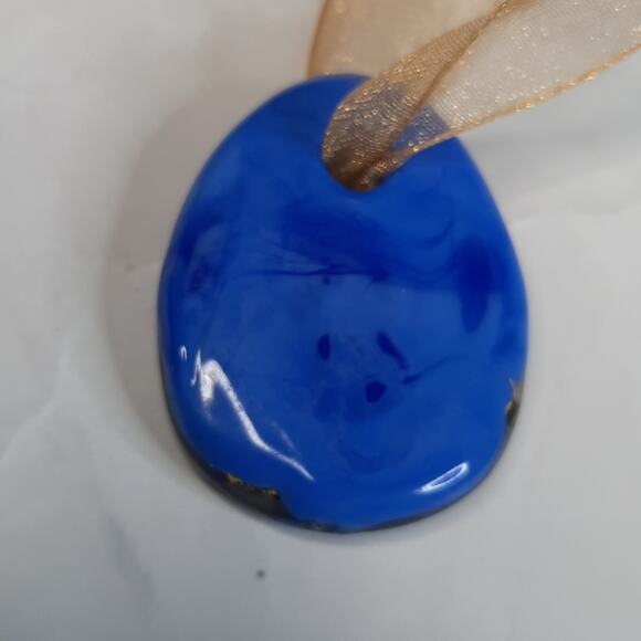 Abstract Blue Pendant On Shimmery Gold Ribbon - Picture 7 of 7